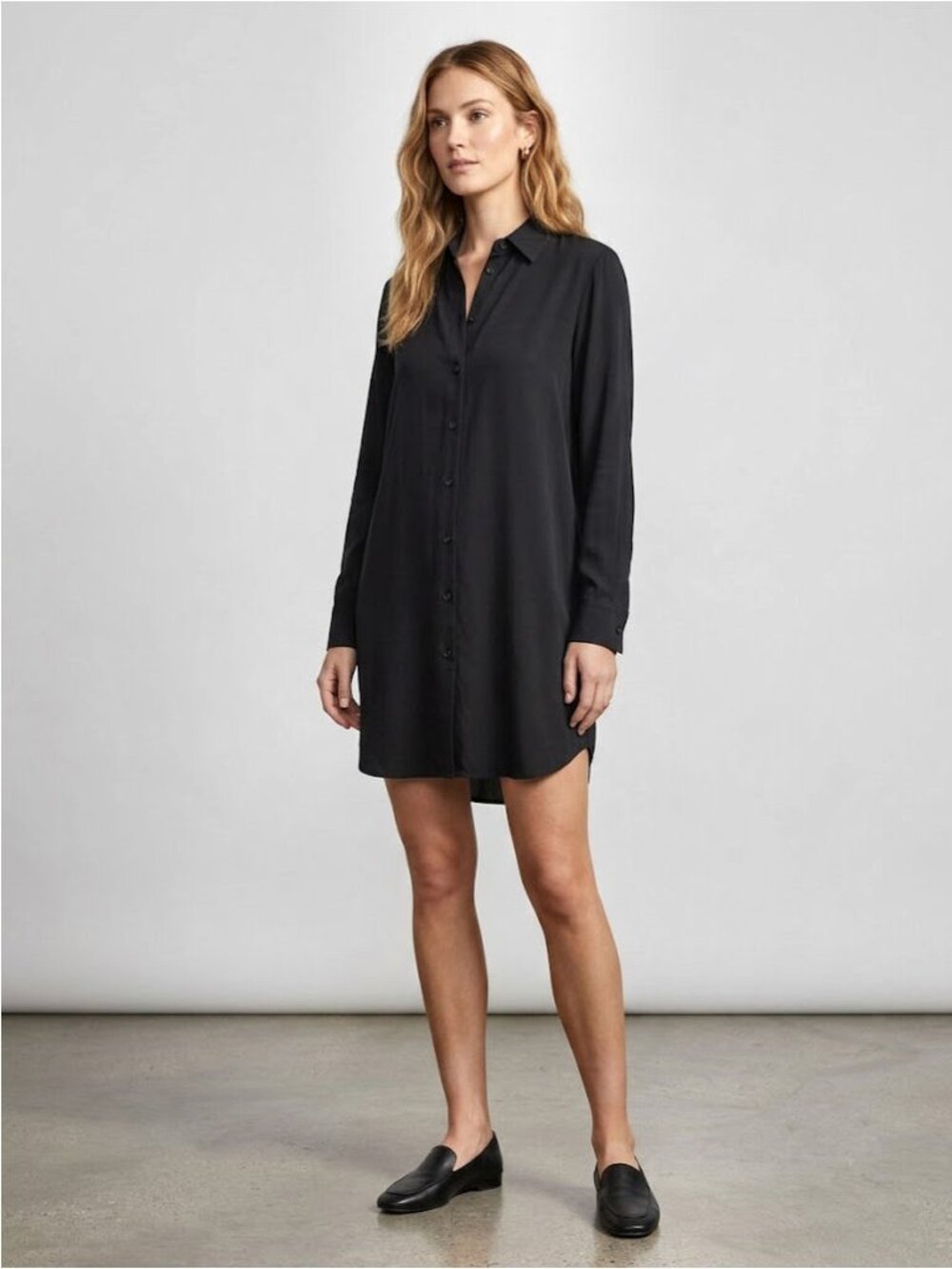 WAYF 100% Rayon Button Down Tunic Shirt Dress, Black, Womens Size XS